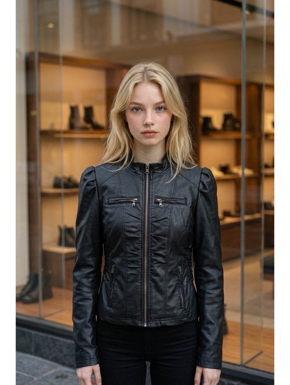 New Look Black Faux Leather Zipper Jacket with Ruched Side Detail, Size Small